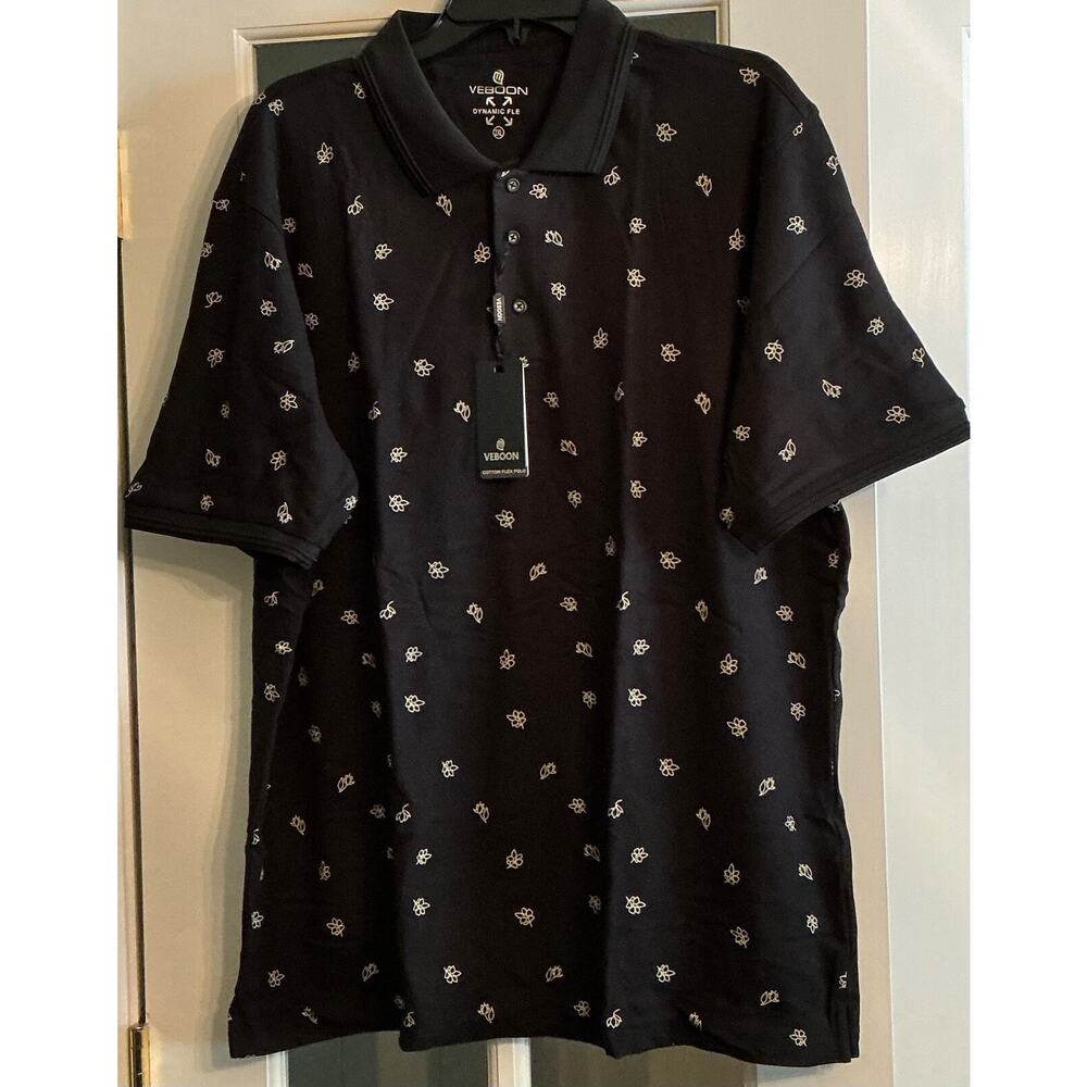 VEBOON Men Cotton Flex Polo Shirt 2XL Black Short Sleeve Random Flowers NWT